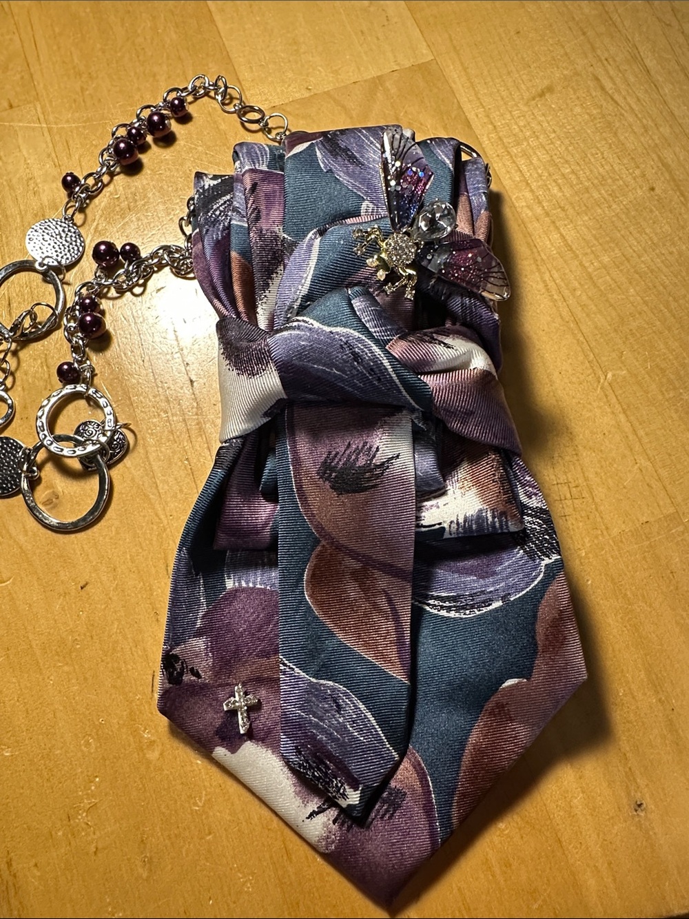 Floral Italian Silk Knot Necklace Tie in Mauve, Teal & Cream